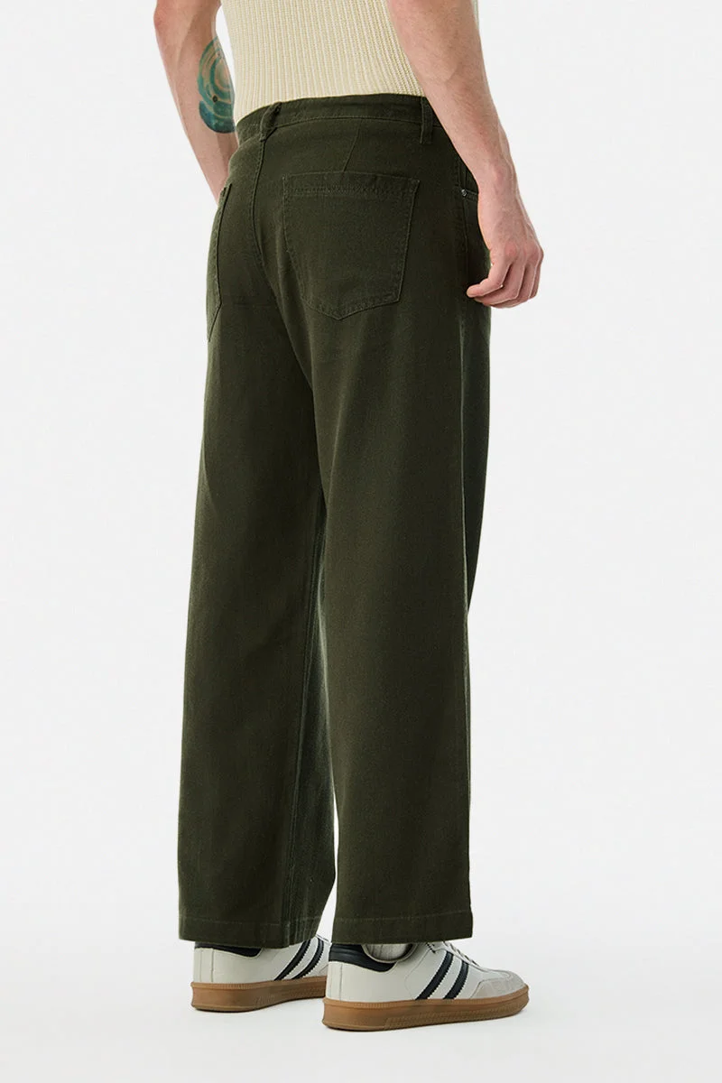 SNITCH Olive 100% Cotton Relaxed Fit Trousers for Men | Best Price UAE